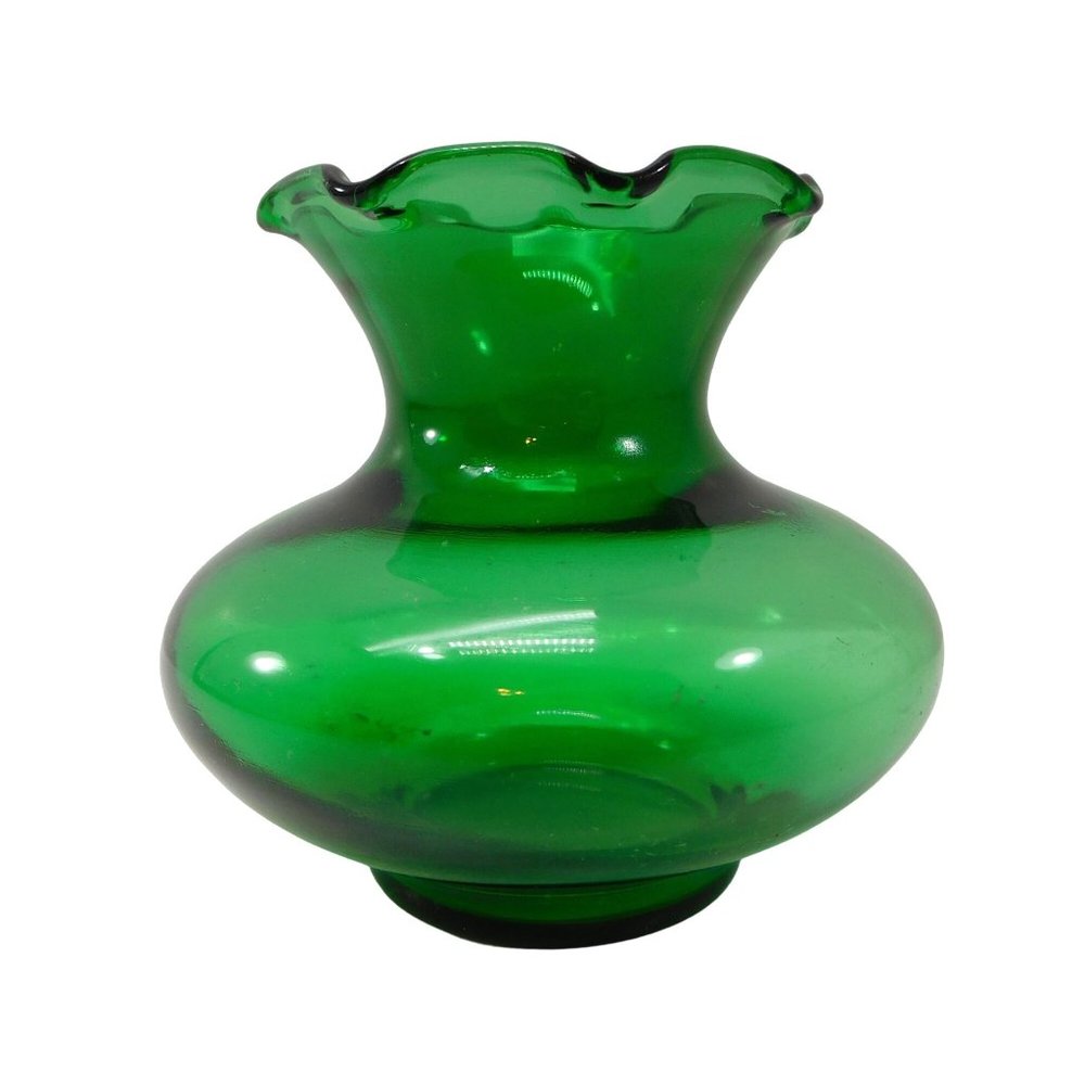 Small Vintage Emerald Green Vase by Anchor Hocking Ruffled Edge 3.5"